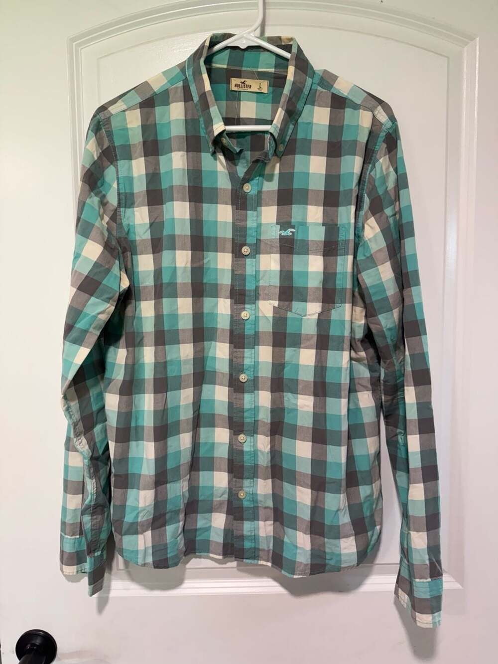 Hollister Plaid Button Down Shirt Teal Gray Preppy Men’s L